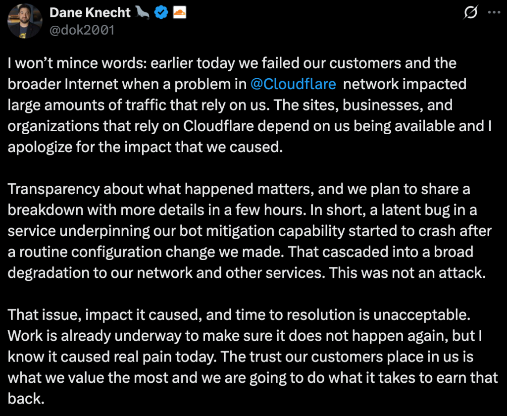 Cloudflare CTO戴恩·克内切特推文截图 