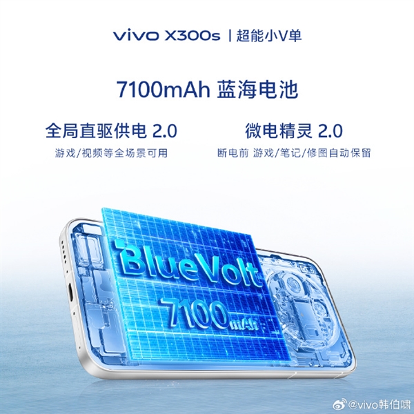 vivo X300s搭载X系列最大7100mAh电池!支持全局直驱供电2.0 边充边玩不烫手