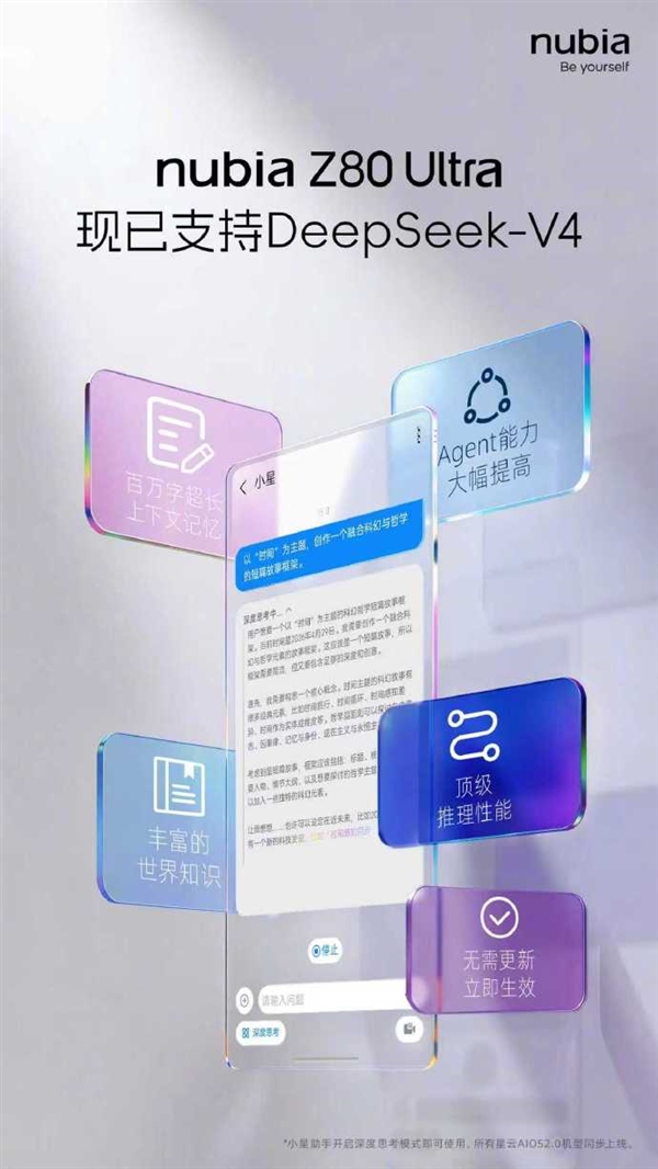努比亚Z80 Ultra官宣接入DeepSeek V4:不用更新系统就能用