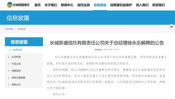 
上海各大医院黄牛挂号电话长城新盛信托：因职务调整解聘徐永乐公司总经理职务